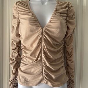 H&M Tan Ruched V-Neck Blouse